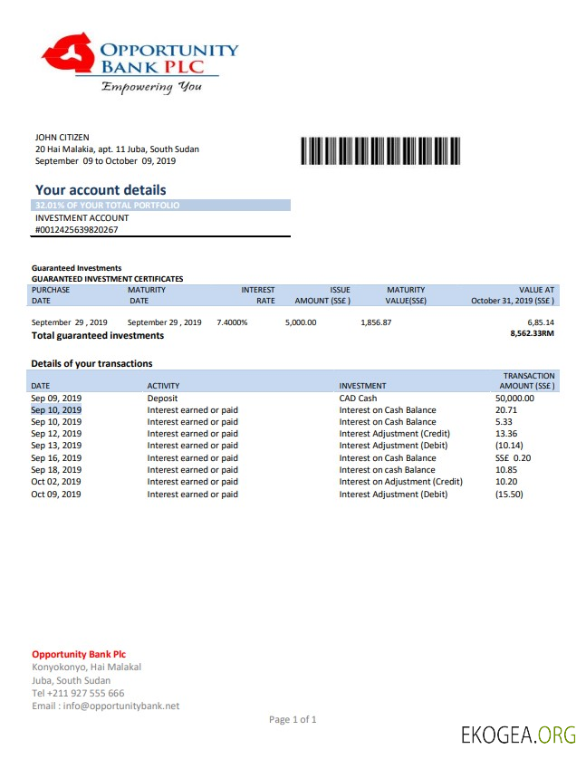 Modèle de relevé de la South Soudan Opportunity Bank au format Word et PDF